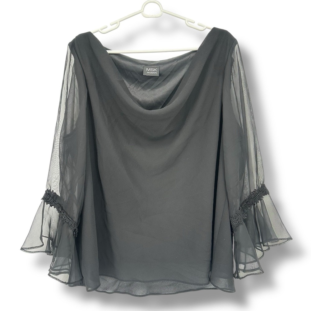 MSK Black Sheer Chiffon Blouse XL Bell Sleeve Whimsygoth Gothic Romantic Fairy